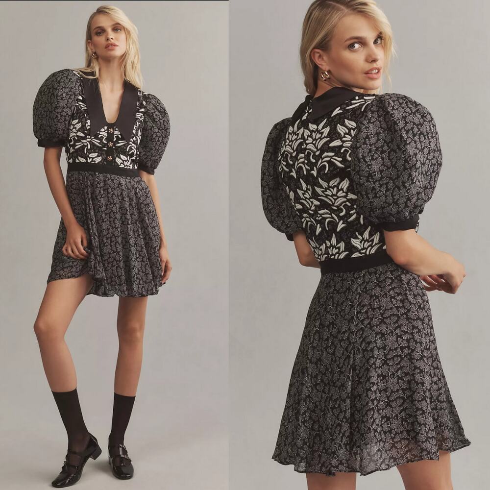 Anthropologie Black and White Puff-Sleeve Mini Dress